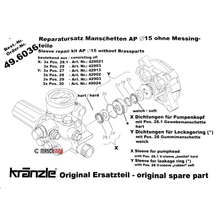 Kränzle Rep.-Satz Manschetten 15 mm  X-Serie - 496036